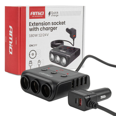 AMiO Autolader Splitter 4x USB-A 180W – Snellader met QC 3.0 PD 3.0 en LED Display voor Auto en Bestelwagen