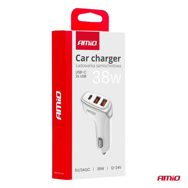 AMiO Autolader Telefoon 2x USB - A + 1x USB - C 38W 12/24V Wit - VCTparts.nl