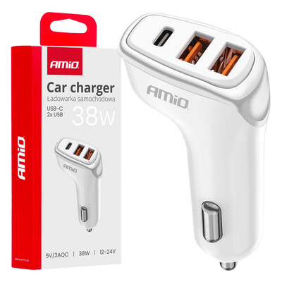 AMiO Autolader Telefoon 2x USB-A + 1x USB-C 38W 12/24V Wit
