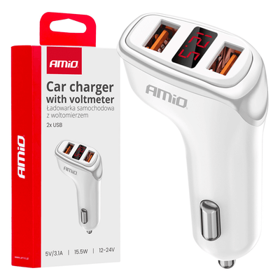 AMiO Autolader Telefoon 2x USB-A 3.1A LCD 12/24V Wit