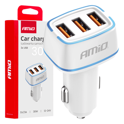 AMiO Autolader Telefoon 3x USB - A 3.1A 12/24V Wit - VCTparts.nl