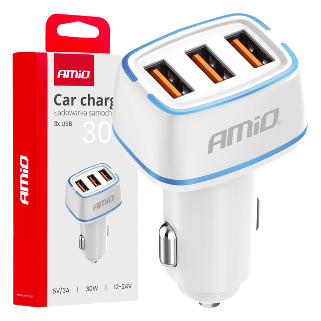 AMiO Autolader Telefoon 3x USB - A 3.1A 12/24V Wit - VCTparts.nl