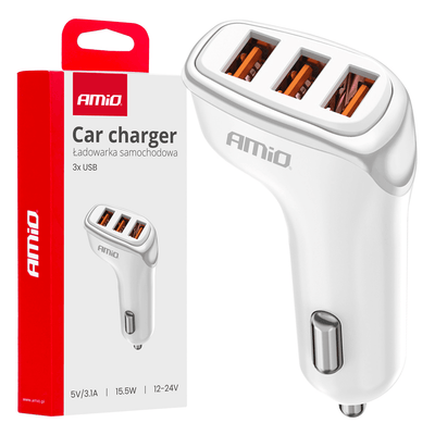 AMiO Autolader Telefoon 3x USB-A 3.1A 12/24V Wit