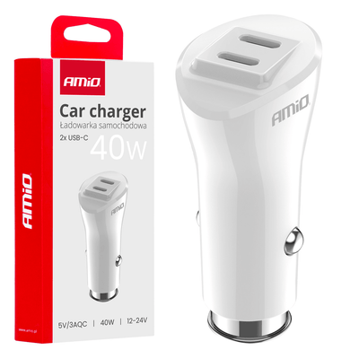 AMiO Autolader Telefoon Dual USB-C 40W 12/24V Wit