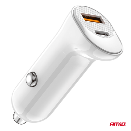 AMiO Autolader Telefoon USB - A + USB - C 20W 12/24V Wit - VCTparts.nl