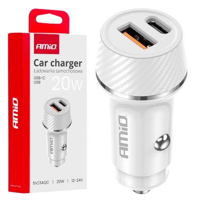 AMiO Autolader Telefoon USB-A + USB-C 20W 12/24V Wit