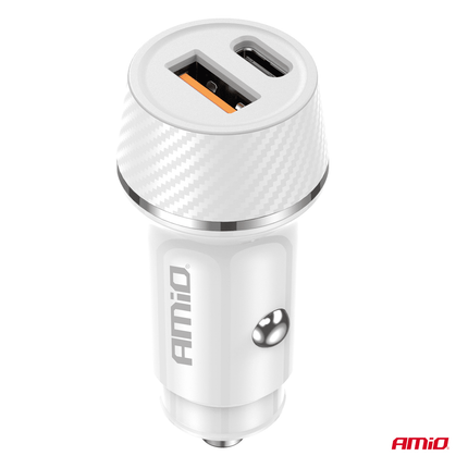 AMiO Autolader Telefoon USB - A + USB - C 20W 12/24V Wit - VCTparts.nl