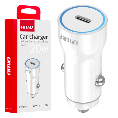 AMiO Autolader Telefoon USB-C 20W 12/24V Wit