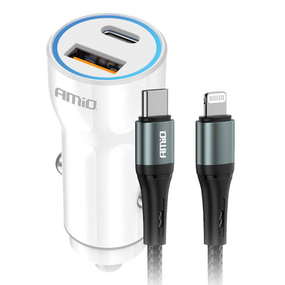 AMiO Autolader + USB-C naar Lightning Kabel Combideal – Voor Snelladen Onderweg