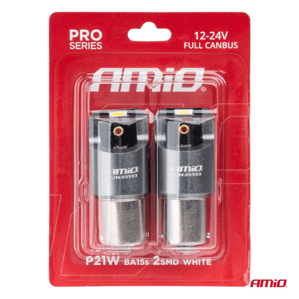 AMiO BA15s P21W LED 12V - 24V 2x1860 SMD Wit Canbus [Achterlicht - Richtingaanwijzer - Achteruitrijlicht] (2 stuks) - VCTparts.nl