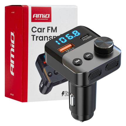 AMiO Bluetooth FM Transmitter Auto – USB‑C + USB‑A Snellader Handsfree Bellen Muziek - VCTparts.nl