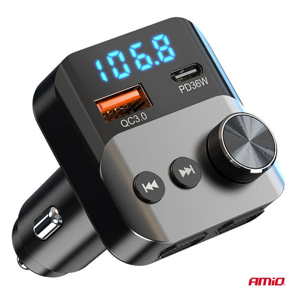 AMiO Bluetooth FM Transmitter Auto – USB‑C + USB‑A Snellader Handsfree Bellen Muziek - VCTparts.nl