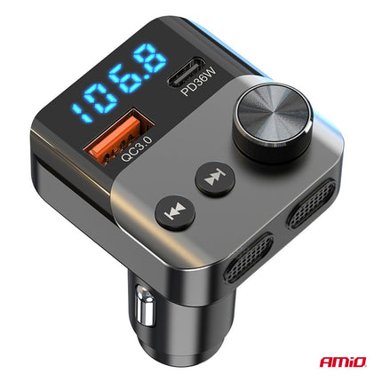 AMiO Bluetooth FM Transmitter Auto – USB‑C + USB‑A Snellader Handsfree Bellen Muziek - VCTparts.nl