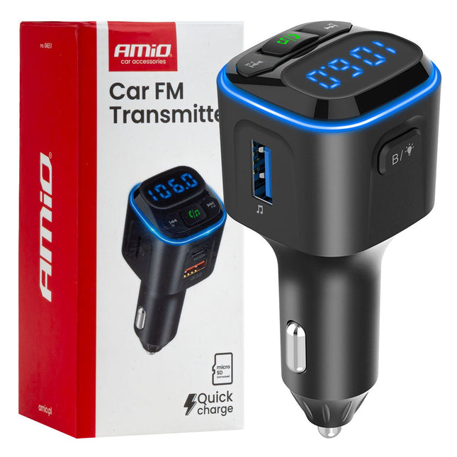AMiO Car FM Transmitter 1×USB - A 2×USB - C 12V 24V – Bluetooth, MicroSD en Hands - Free Bellen AMiO 1
