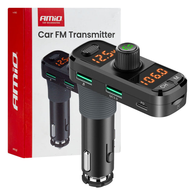 AMiO Car FM Transmitter 2×USB - A 1×USB - C microSD 12V 24V – Bluetooth, Hands - Free Bellen en L - vormige Behuizing AMiO 1