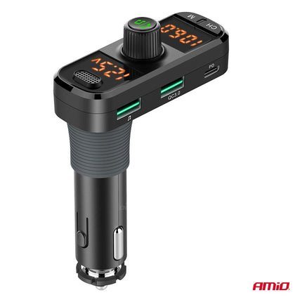 AMiO Car FM Transmitter 2×USB - A 1×USB - C microSD 12V 24V – Bluetooth, Hands - Free Bellen en L - vormige Behuizing AMiO 7