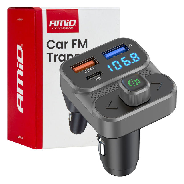 AMiO Car FM Transmitter – 2×USB - A en 1×USB - C – 12V/24V – Bluetooth – Handsfree Bellen en Snelladen AMiO 1