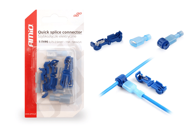 AMiO T-Type Snelsluitende Connector (075-25mm) 15A Blisterverpakking Blauw (5 sets) - VCTparts.nl