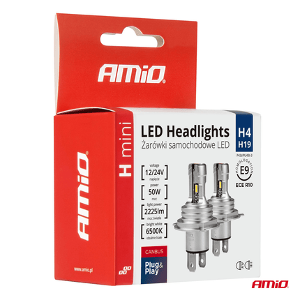 AMiO AMiO Dimlicht LED H4/H19 Mini 6500k Wit (set) 12v/24v [Witte koplampen - Witte Dimlichten] AMiO 6