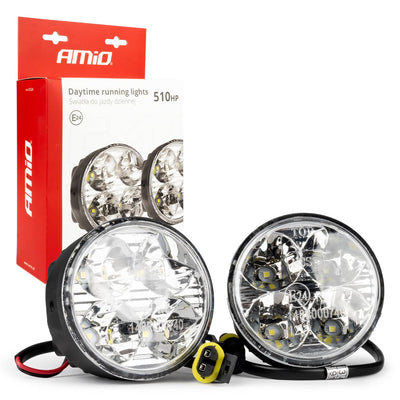 AMiO DRL 510HP Dagrijverlichting Rond 70mm - LED Set voor Mistlamp Openingen met Maskeringsringen 12V en 24V