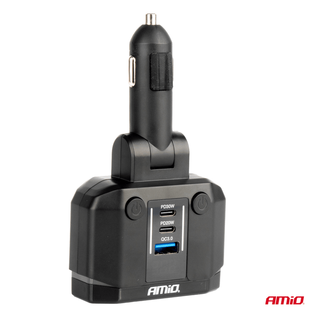 AMiO Dubbele Sigarettenaansteker Plug Splitter met (2x USB - A & 1x USB - C) 12V/24V QC3.0 200W Voltmeter Zwart - VCTparts.nl