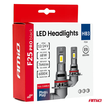 AMiO AMiO F25 PRO BLACK Edition HB3 LED Koplampen 12/24V 7646 Lumen 6000K Daglichtwit FULL CANBUS AMiO 7