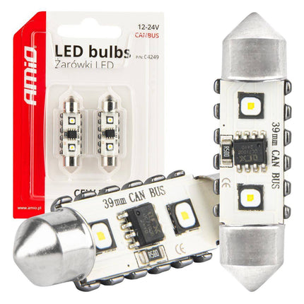AMiO LED CANBUS lampen 12SMD Festoon C5W 3838 39mm Wit 12/24V - VCTparts.nl