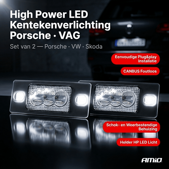 AMiO AMiO LED Kentekenverlichting CLP11 HP PORSCHE en VAG – Set van 2 - High Power LED - Nummerplaatverlichting Lampen voor VW, Skoda en Porsche AMiO 2