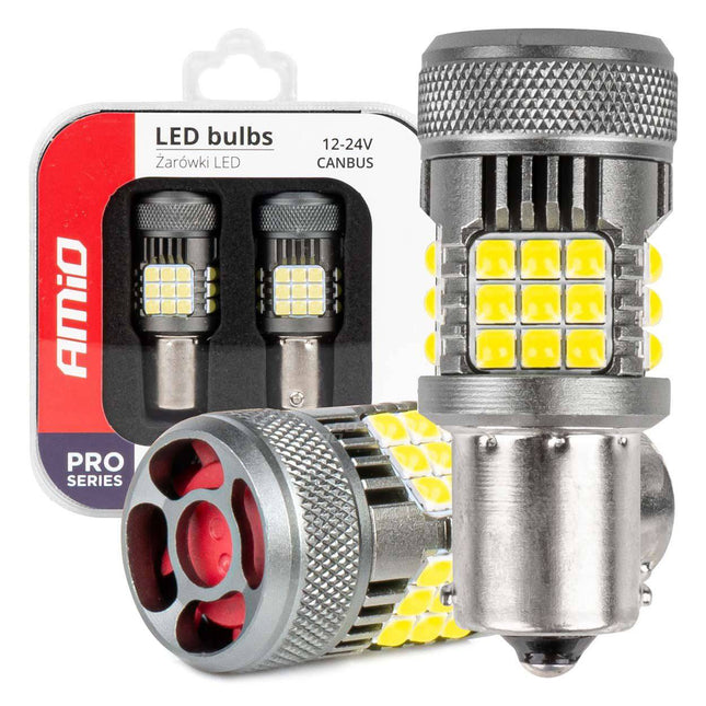 AMiO LED - LAMPEN CANBUS PRO - serie 1156 BA15S P21W R10W R5W 36x3030 SMD VENTILATOR Wit 12V/24V - VCTparts.nl