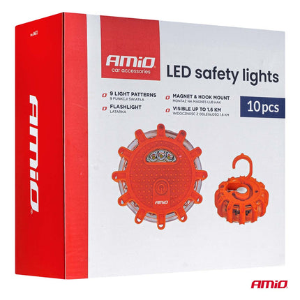AMiO LED Safety Lights Rood Set van 10 Noodlampen 12SMD+3SMD 650mAh met Waarschuwingsfunctie - VCTparts.nl