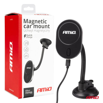AMiO AMiO Magnetische Autohouder met 15W Draadloze Oplader en MagSafe - Verstelbare Arm en Zuignap Zwart AMiO 2