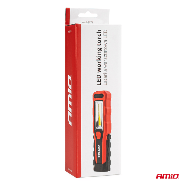 AMiO Magnetische Werklamp Inspectie Auto Zaklamp met 12/24v & 230v Lader Rood - Zwart - VCTparts.nl