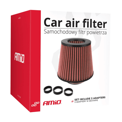 AMiO Open Luchtfilter Sport Filter met Cold Air Intake & 3 Adapters Rood - Carbon - VCTparts.nl
