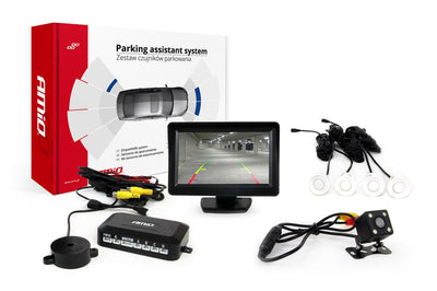 AMiO Parkeerhulpsysteem TFT01 4,3 inch LCD Beeldscherm HD CAM315 LED Camera 4 Witte Parkeersensoren Auto Achteruitrijhulp
