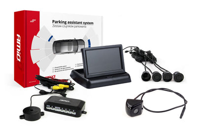 AMiO Parkeerhulpsysteem TFT02 4,3 inch FlipUp LCD Beeldscherm - CAM310 Camera 4 Zwarte 22mm Sensoren Auto Parkeerhulp