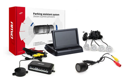AMiO Parkeerhulpsysteem TFT02 4,3 inch LCD Beeldscherm - CAM301 IR 28mm Camera en 4 Zilveren Sensoren voor Auto