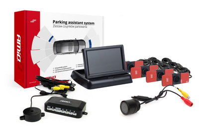 AMiO Parkeerhulpsysteem TFT02 4,3 inch LCD Beeldscherm - CAM301 IR Camera 4 Zwarte Sensoren Binnenmontage Auto Parkeerhulp