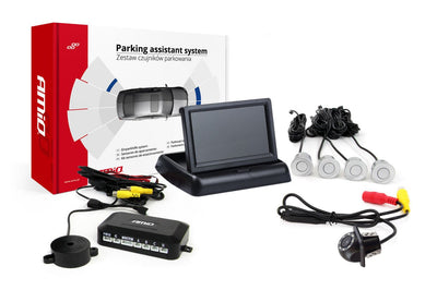 AMiO Parkeerhulpsysteem TFT02 4,3 inch LCD Beeldscherm - HD305LED Camera en 4 Zilveren Sensoren voor Auto