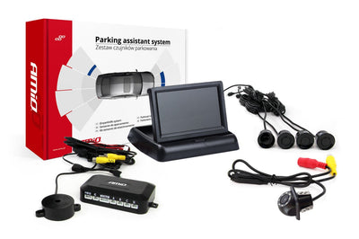 AMiO Parkeerhulpsysteem TFT02 4,3 inch LCD Beeldscherm - HD305LED Camera en 4 Zwarte Sensoren voor Auto