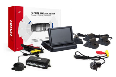AMiO Parkeerhulpsysteem TFT02 4,3 inch LCD Beeldscherm - HD305LED Camera en 4 Zwarte Sensoren voor Truck en Grote Voertuigen