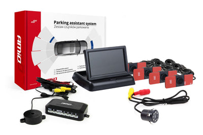 AMiO Parkeerhulpsysteem TFT02 4,3 inch LCD Beeldscherm - HD307IR Camera 4 Zwarte Sensoren Binnenmontage Auto