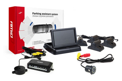 AMiO Parkeerhulpsysteem TFT02 4,3 inch LCD Beeldscherm - HD308LED Camera en 4 Zwarte Sensoren voor Truck en Grote Voertuigen