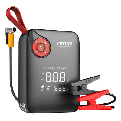 AMiO Portable Mini 4-in-1 Jump Starter – Powerbank 12V 600A met Air Compressor en LED Zaklamp – Draagbare Startbooster Auto – Smart Battery Booster