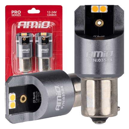 AMiO AMiO PY21W BAU15s LED 12V - 24V 4x3030 SMD Oranje Canbus [Knipperlicht - Richtingaanwijzer] (2 stuks) AMiO 1