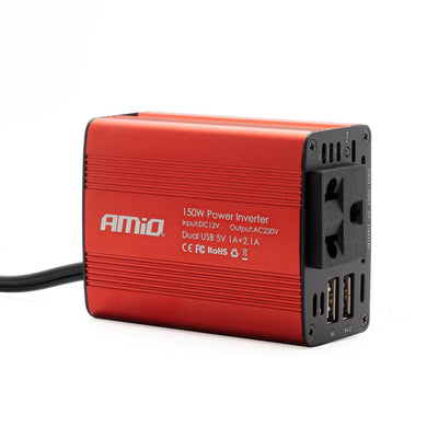AMiO Stroom Omvormer 12V/230V Sigarettenplug naar Stopcontact Rood (2 x USB) 150W/300W