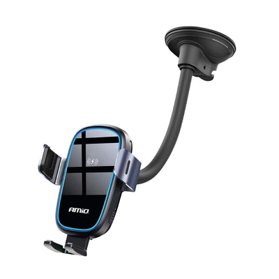 AMiO Suction Mount Telefoonhouder met 15W Draadloze Oplader - Verstelbare Arm en Herbruikbare Zuignap Zwart