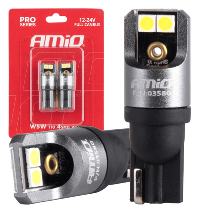 AMiO AMiO T10 W5W LED 12V - 24V 4x3030 SMD Wit Canbus [Interieurverlichting - Dagrijverlichting] (2 stuks) AMiO 1