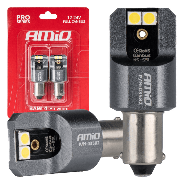 AMiO T4W BA9S LED 12V - 24V 4x3030 SMD Wit Canbus [Koplamp - Dagrijverlichting] (2 stuks) - VCTparts.nl