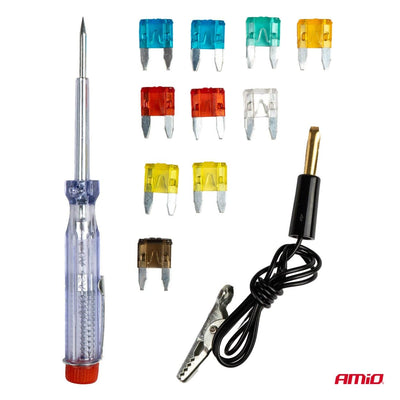 AMiO Testpen Spanningszoeker Set met Mini Autozekeringen 5A t/m 30A