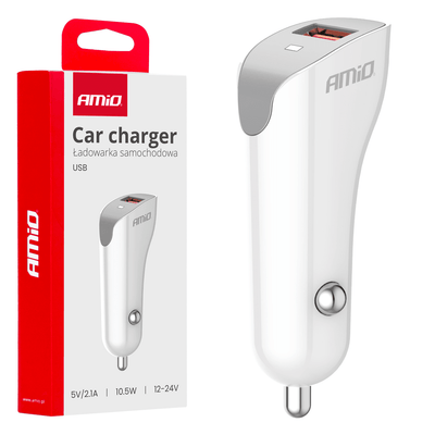 AMiO USB-A Autolader Telefoon 2.1A 12/24V Wit